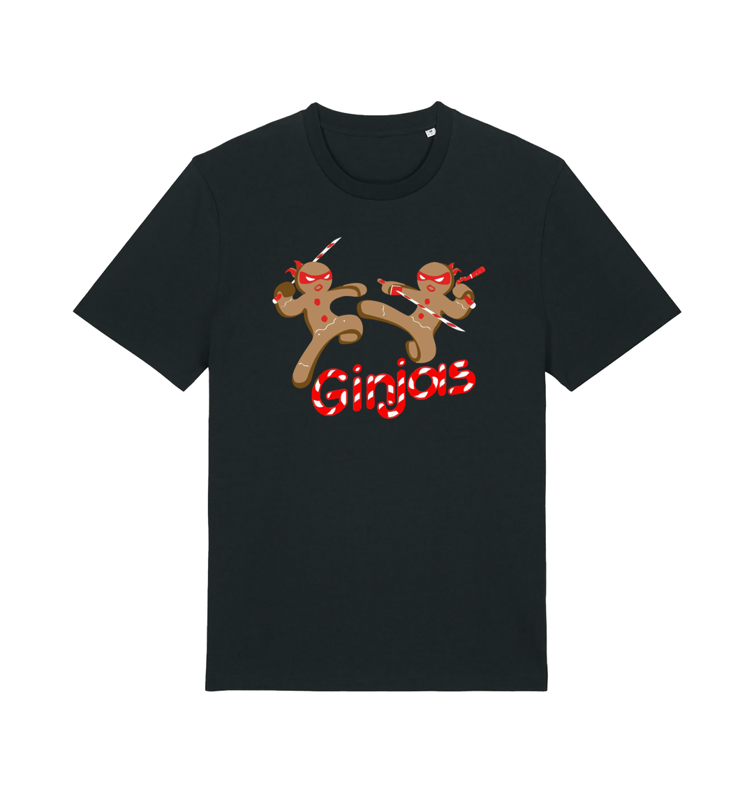 black christmas t-shirt with the graphic of two gingerbread men fighting with candy canes and the slogan 'ginjas'