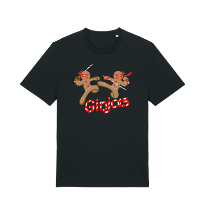 black christmas t-shirt with the graphic of two gingerbread men fighting with candy canes and the slogan 'ginjas'