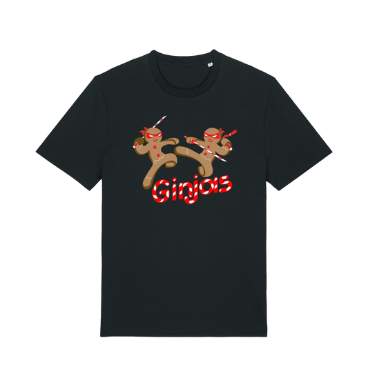 black christmas t-shirt with the graphic of two gingerbread men fighting with candy canes and the slogan 'ginjas'