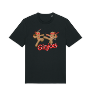 black christmas t-shirt with the graphic of two gingerbread men fighting with candy canes and the slogan 'ginjas'