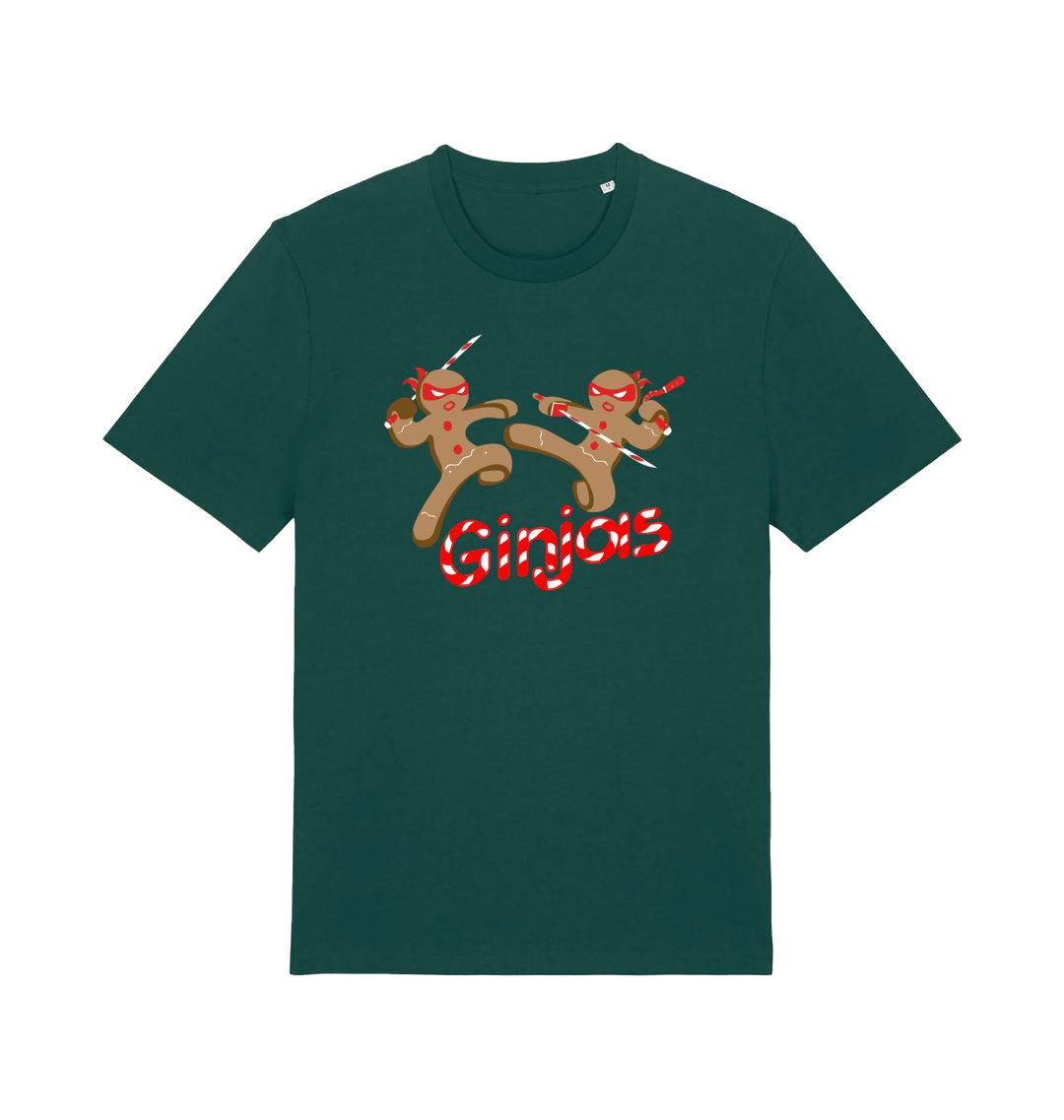 green christmas t-shirt with the graphic of two gingerbread men fighting with candy canes and the slogan 'ginjas'