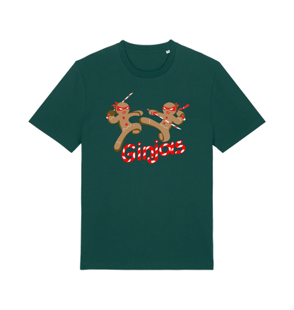 green christmas t-shirt with the graphic of two gingerbread men fighting with candy canes and the slogan 'ginjas'