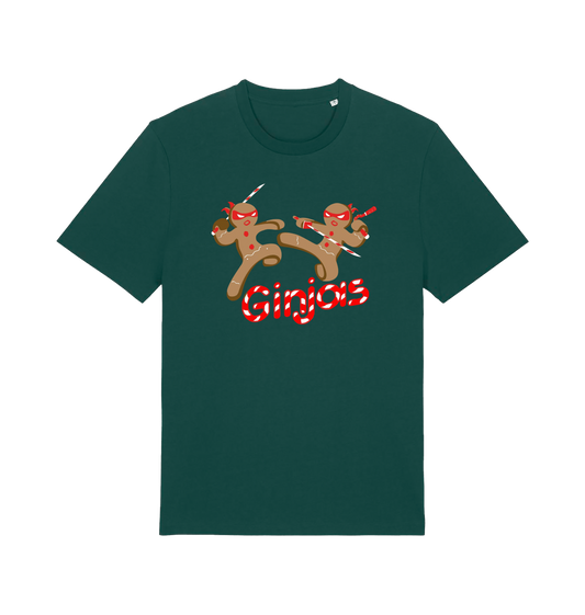 green christmas t-shirt with the graphic of two gingerbread men fighting with candy canes and the slogan 'ginjas'