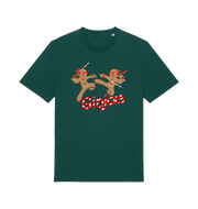 green christmas t-shirt with the graphic of two gingerbread men fighting with candy canes and the slogan 'ginjas'