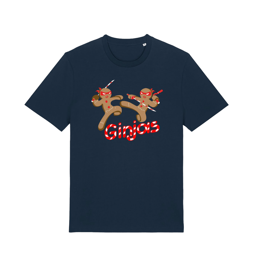 navy christmas t-shirt with the graphic of two gingerbread men fighting with candy canes and the slogan 'ginjas'