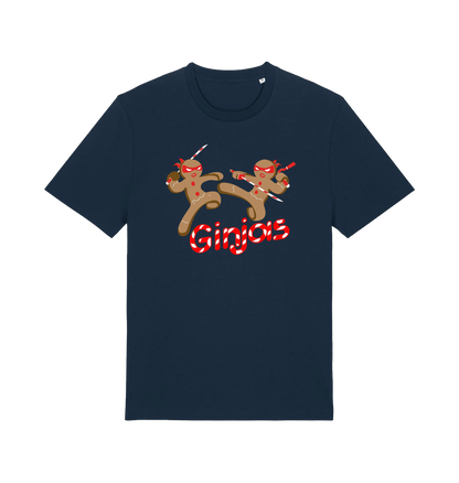 navy christmas t-shirt with the graphic of two gingerbread men fighting with candy canes and the slogan 'ginjas'