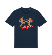 navy christmas t-shirt with the graphic of two gingerbread men fighting with candy canes and the slogan 'ginjas'