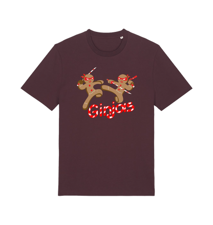 red brown christmas t-shirt with the graphic of two gingerbread men fighting with candy canes and the slogan 'ginjas'