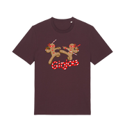 red brown christmas t-shirt with the graphic of two gingerbread men fighting with candy canes and the slogan 'ginjas'