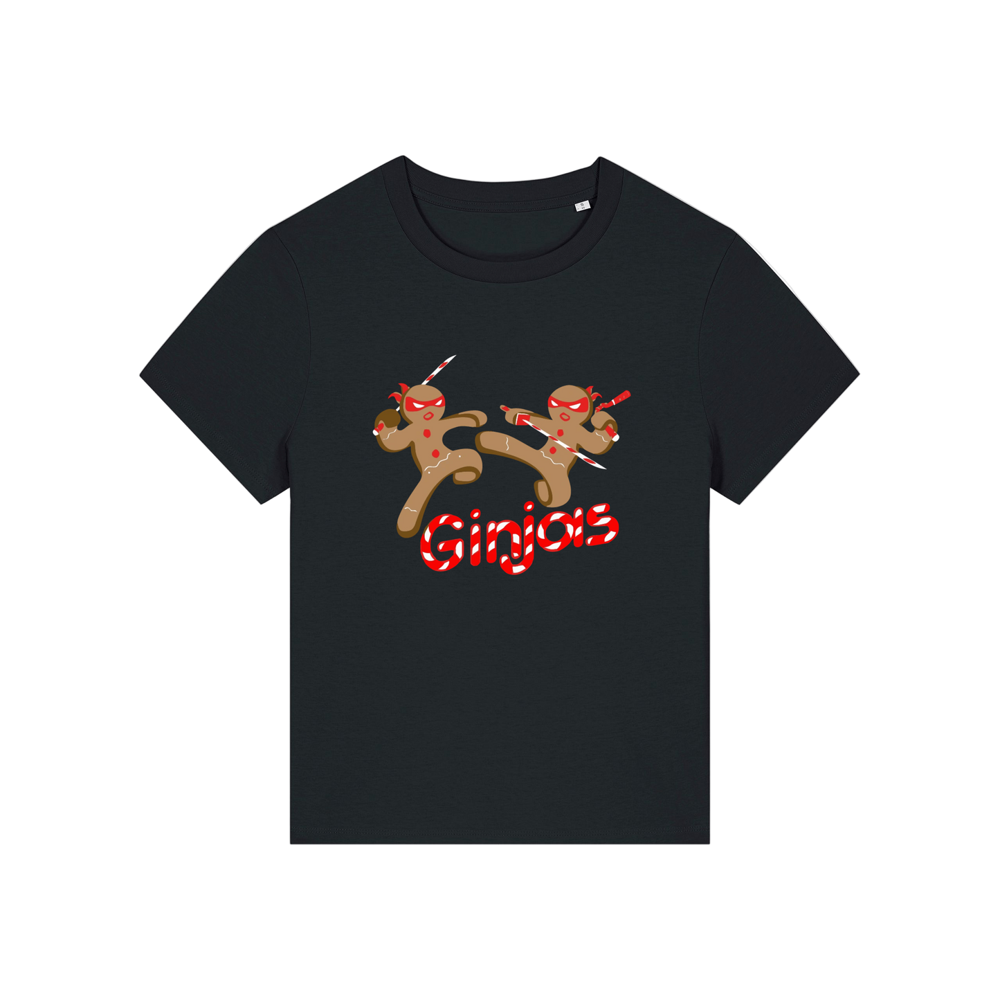 black funny graphic t-shirt with the graphic of two gingerbread men fighting with candy canes and the slogan 'ginjas'