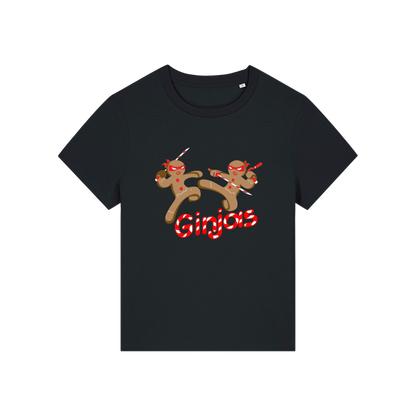 black funny graphic t-shirt with the graphic of two gingerbread men fighting with candy canes and the slogan 'ginjas'