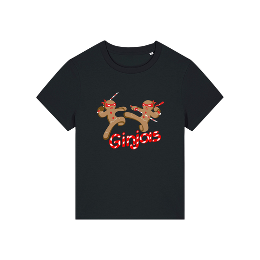 black funny graphic t-shirt with the graphic of two gingerbread men fighting with candy canes and the slogan 'ginjas'