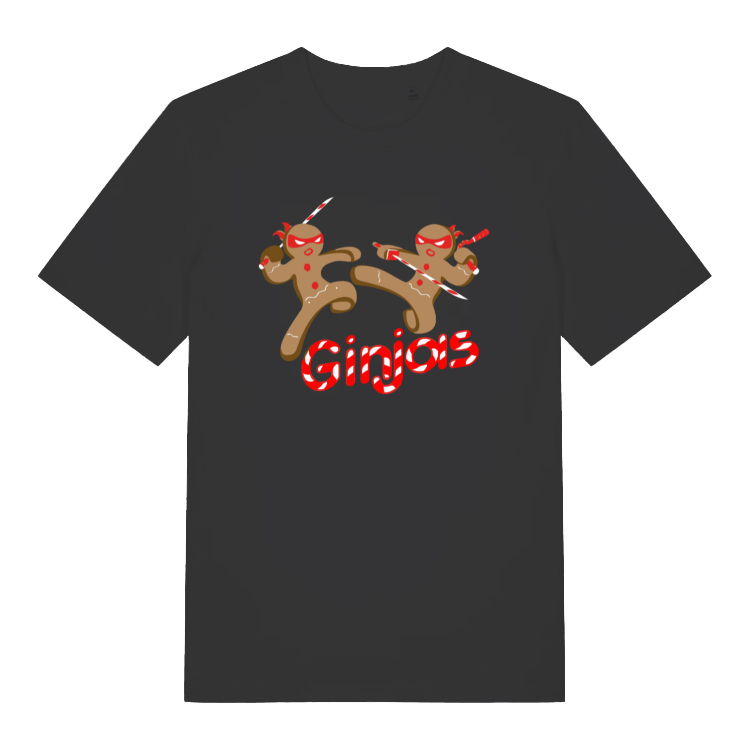 black women's funny christmas t-shirt with the graphic of two gingerbread men fighting with candy canes and the text 'ginjas'