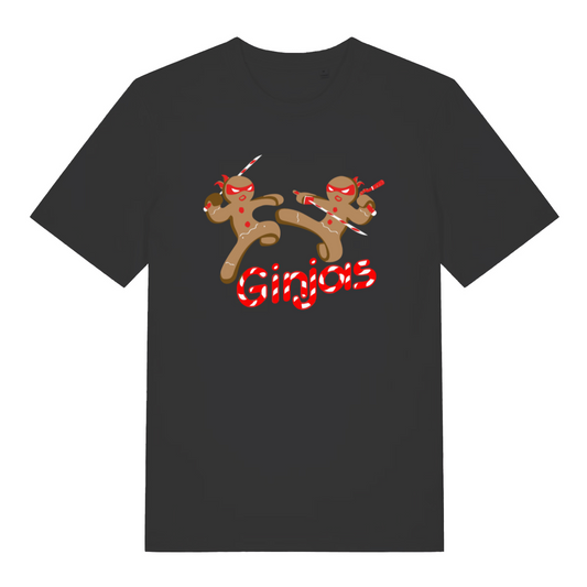 black women's funny christmas t-shirt with the graphic of two gingerbread men fighting with candy canes and the text 'ginjas'
