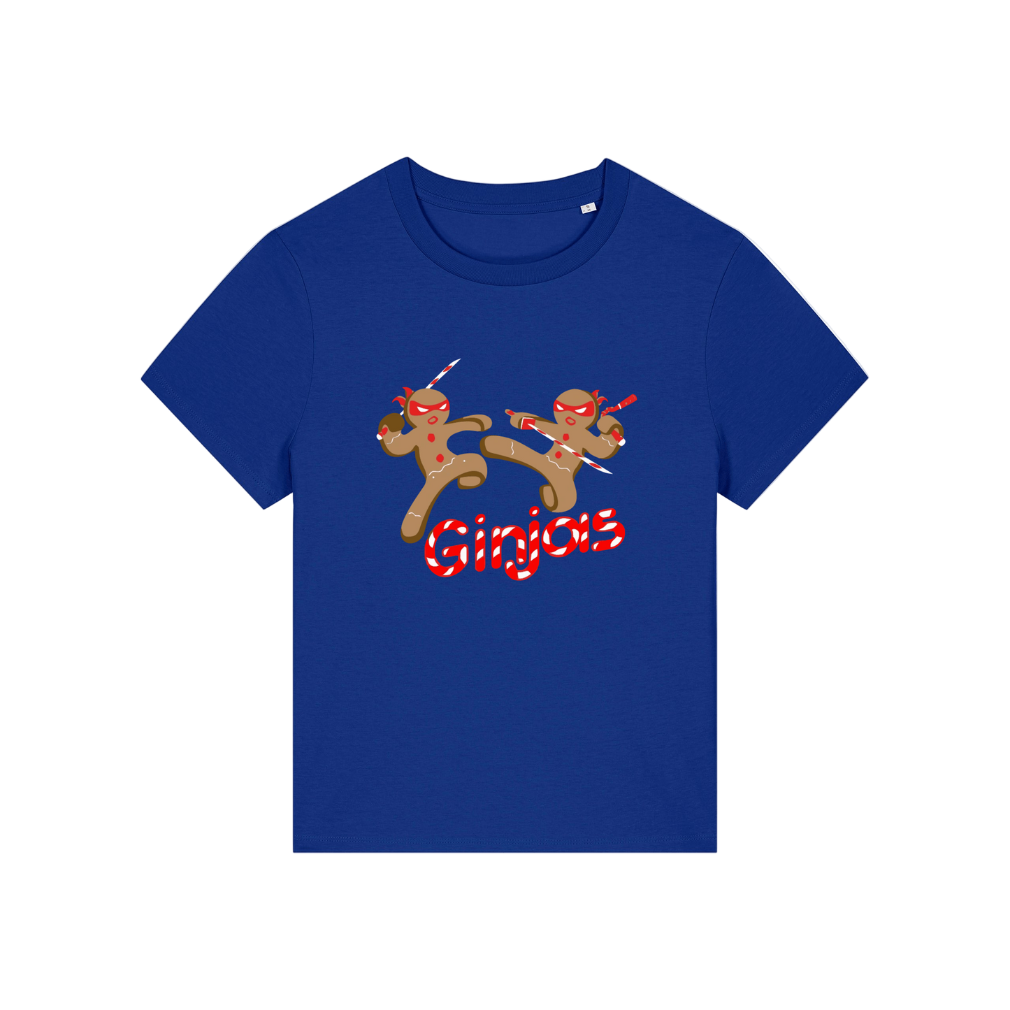 blue funny graphic t-shirt with the graphic of two gingerbread men fighting with candy canes and the slogan 'ginjas'