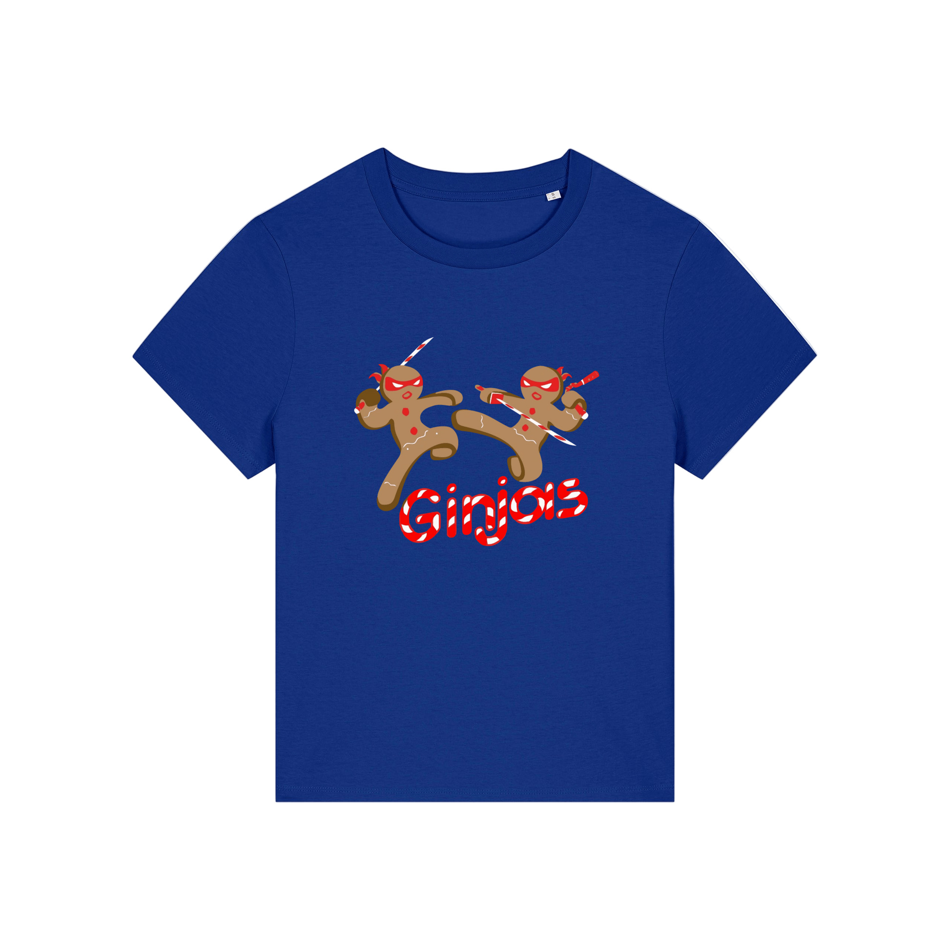 blue funny graphic t-shirt with the graphic of two gingerbread men fighting with candy canes and the slogan 'ginjas'