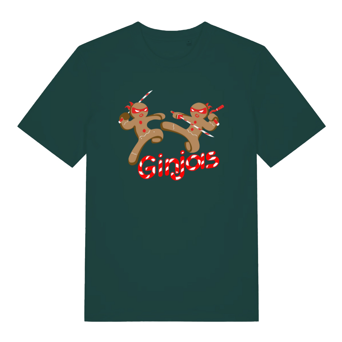 teal women's funny christmas t-shirt with the graphic of two gingerbread men fighting with candy canes and the text 'ginjas'