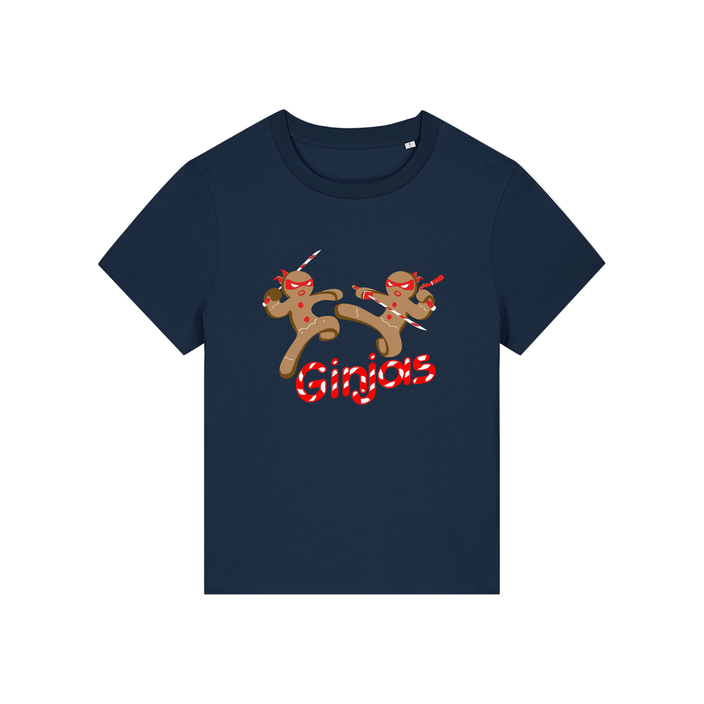 navy funny graphic t-shirt with the graphic of two gingerbread men fighting with candy canes and the slogan 'ginjas'