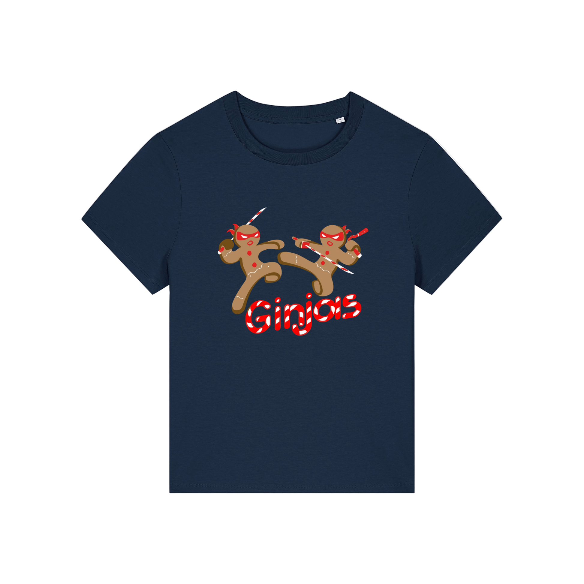 navy funny graphic t-shirt with the graphic of two gingerbread men fighting with candy canes and the slogan 'ginjas'