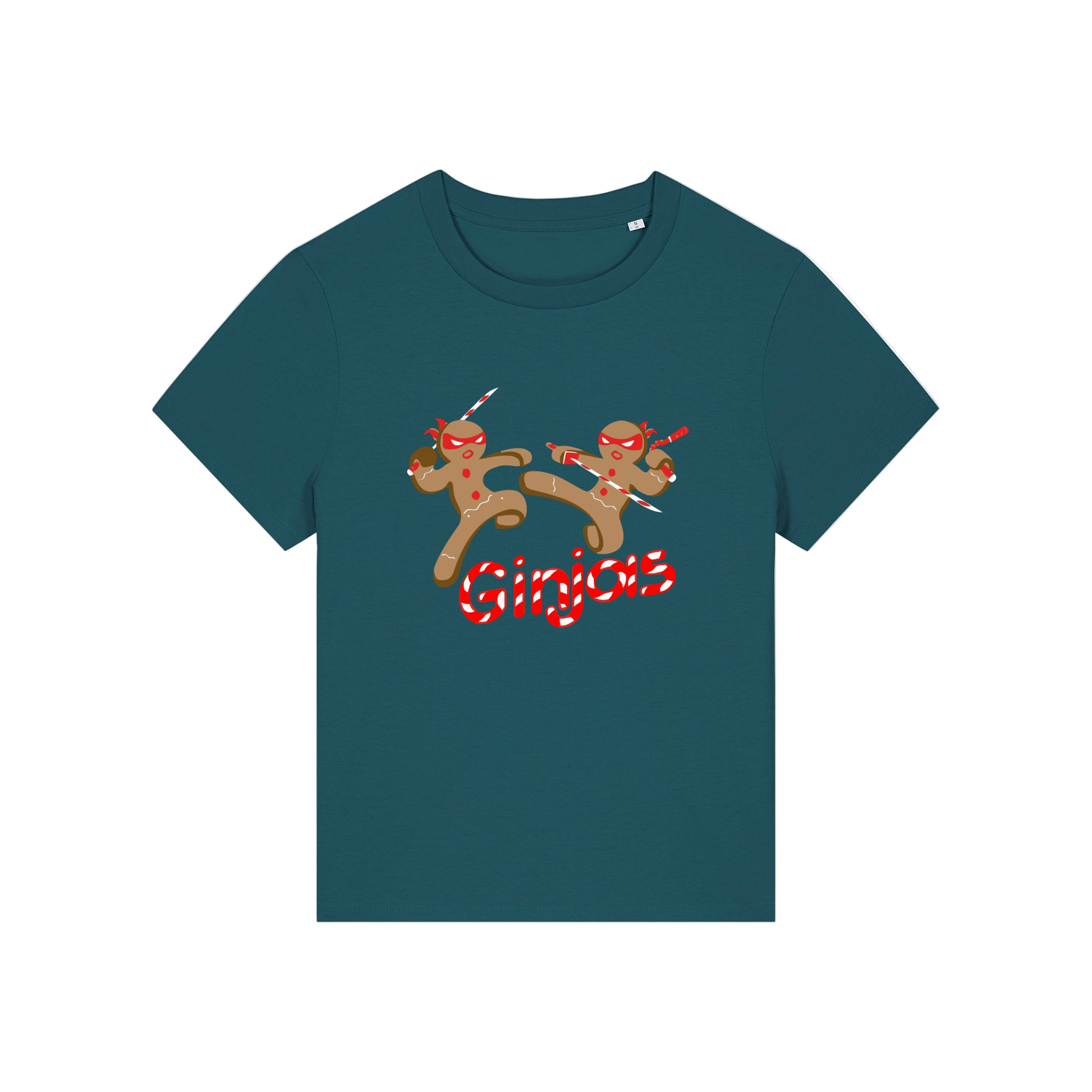 teal funny graphic t-shirt with the graphic of two gingerbread men fighting with candy canes and the slogan 'ginjas'