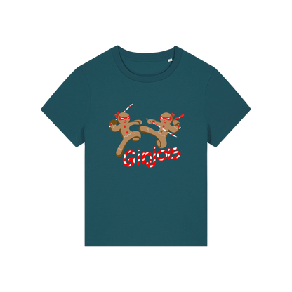 teal funny graphic t-shirt with the graphic of two gingerbread men fighting with candy canes and the slogan 'ginjas'