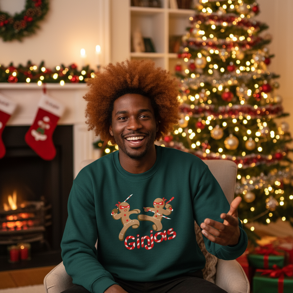 Man wearing a green sweater with gingerbread men design in a festive room with Christmas tree and fireplace.