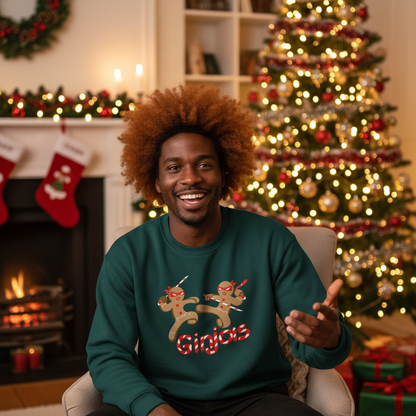 Man wearing a green sweater with gingerbread men design in a festive room with Christmas tree and fireplace.