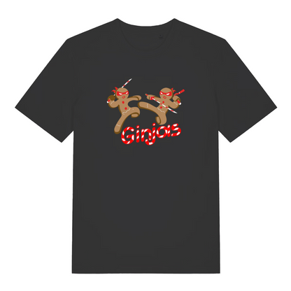 black xmas t-shirt with the graphic of two gingerbread men fighting with candy canes and the slogan 'ginjas'