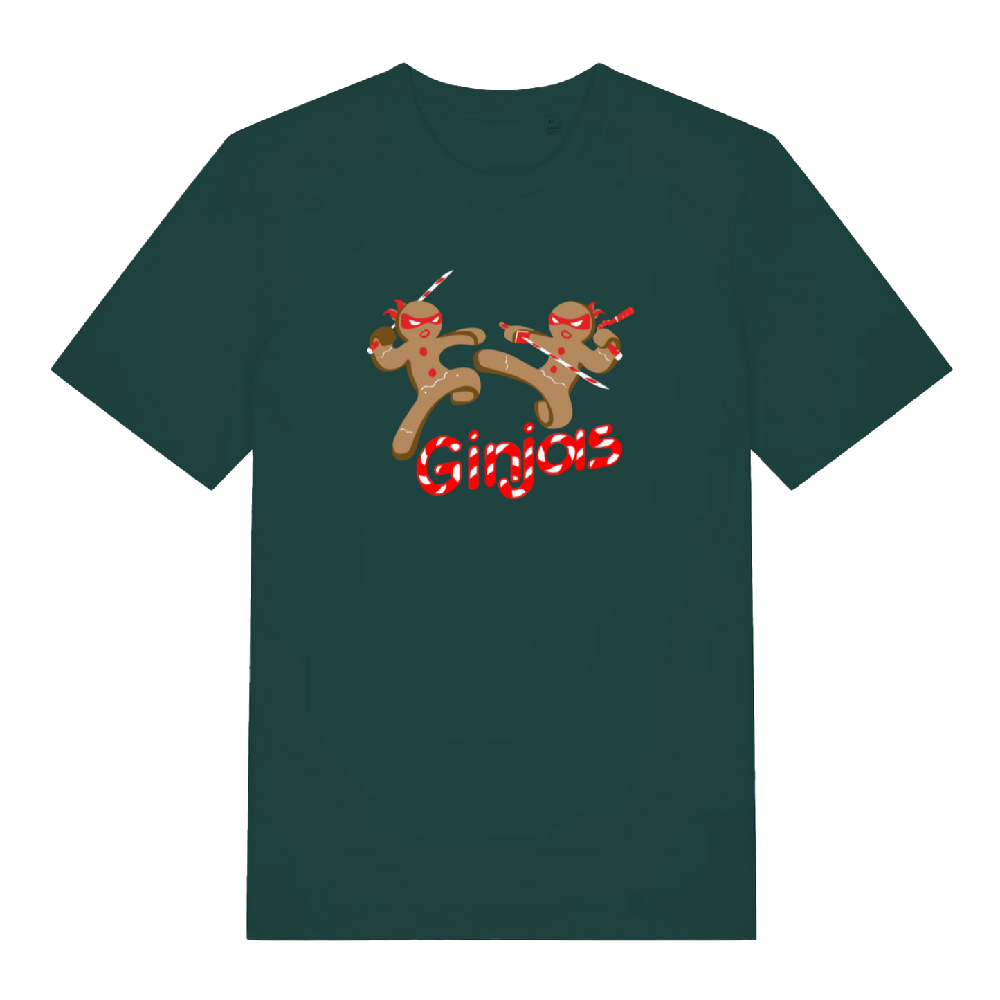 green xmas t-shirt with the graphic of two gingerbread men fighting with candy canes and the slogan 'ginjas'