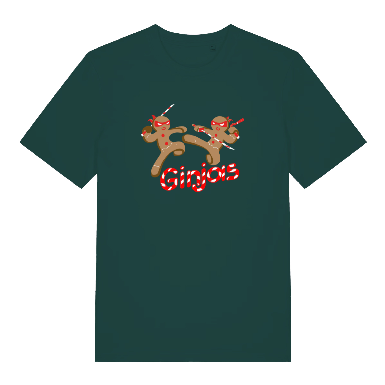 green xmas t-shirt with the graphic of two gingerbread men fighting with candy canes and the slogan 'ginjas'