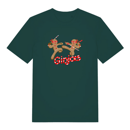 green xmas t-shirt with the graphic of two gingerbread men fighting with candy canes and the slogan 'ginjas'