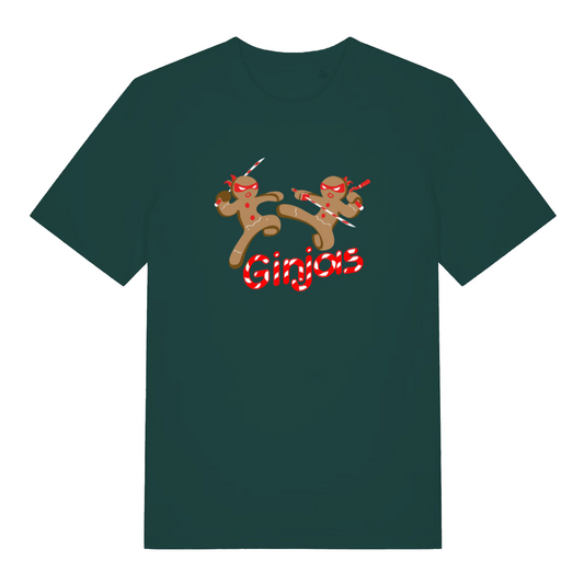 green xmas t-shirt with the graphic of two gingerbread men fighting with candy canes and the slogan 'ginjas'