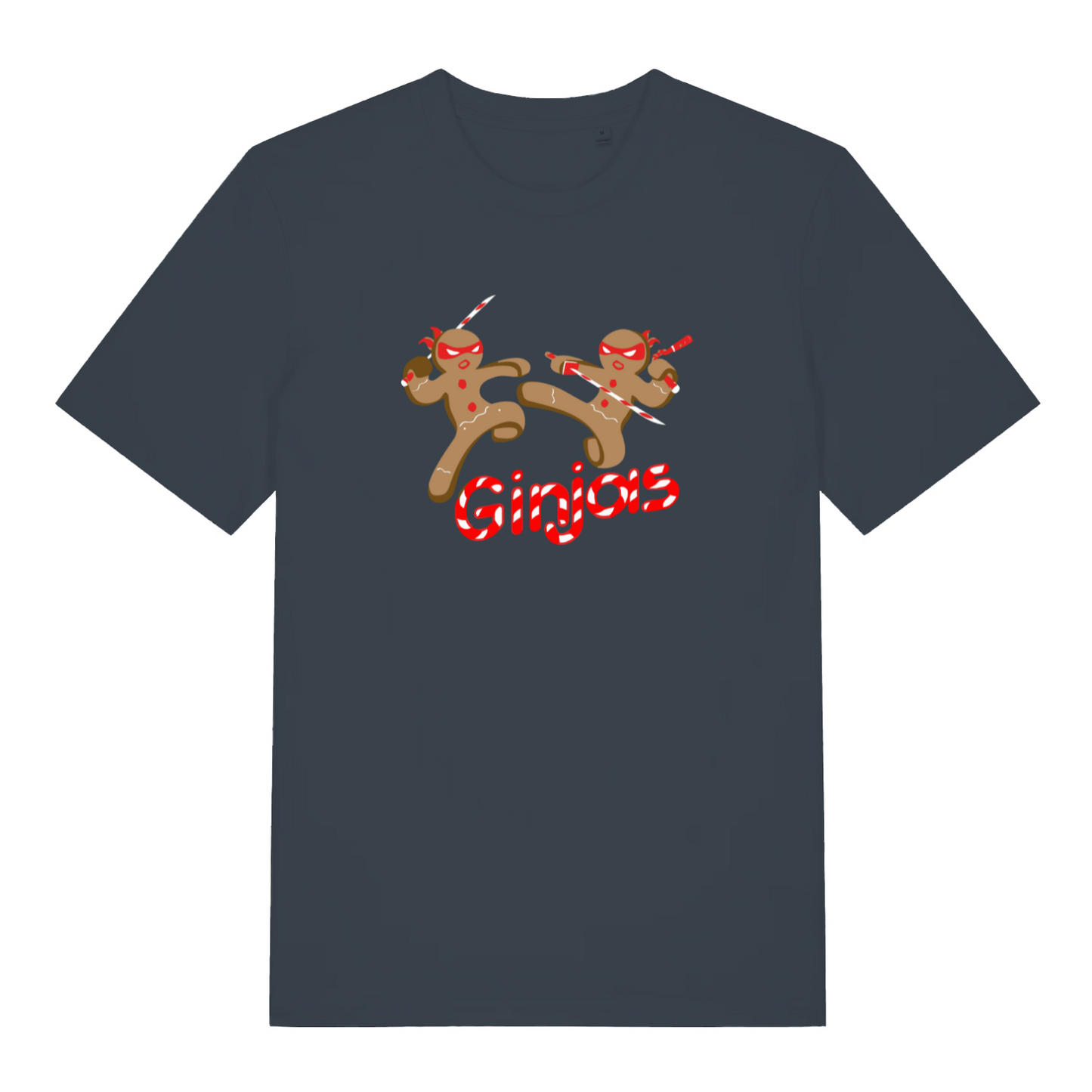 ink grey xmas t-shirt with the graphic of two gingerbread men fighting with candy canes and the slogan 'ginjas'