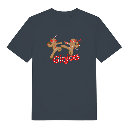 ink grey xmas t-shirt with the graphic of two gingerbread men fighting with candy canes and the slogan 'ginjas'