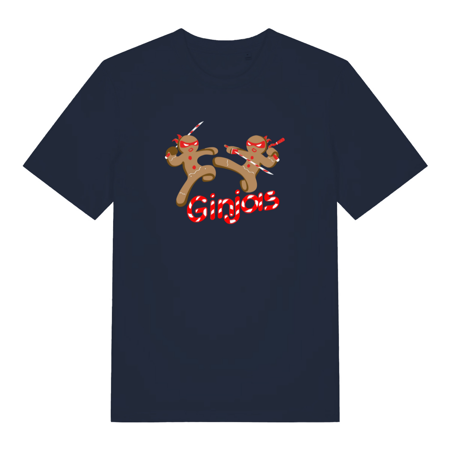 navy xmas t-shirt with the graphic of two gingerbread men fighting with candy canes and the slogan 'ginjas'