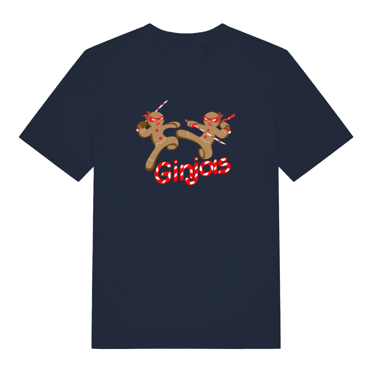 navy xmas t-shirt with the graphic of two gingerbread men fighting with candy canes and the slogan 'ginjas'
