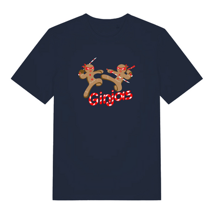 navy xmas t-shirt with the graphic of two gingerbread men fighting with candy canes and the slogan 'ginjas'
