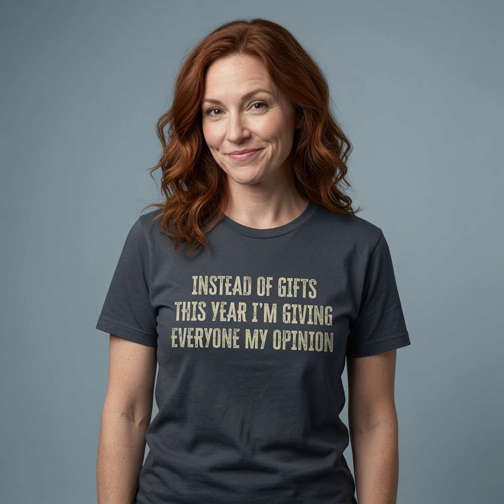 Red-haired woman with slight smile in ink grey Instead of Gifts This Year I’m Giving Everyone My Opinion t-shirt, ladies fun xmas slogan
