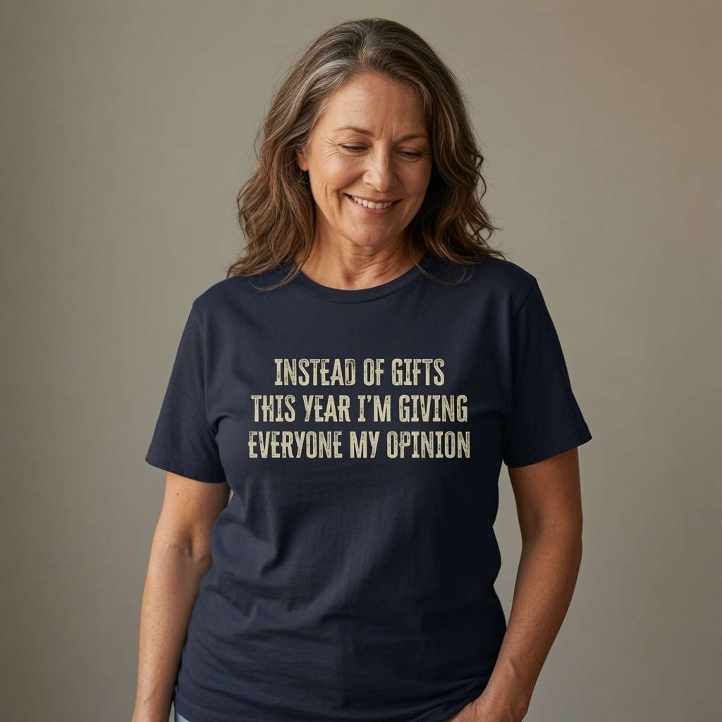 Grey-haired woman smiling looking down in navy Instead of Gifts This Year I’m Giving Everyone My Opinion tee, ladies xmas gift slogan