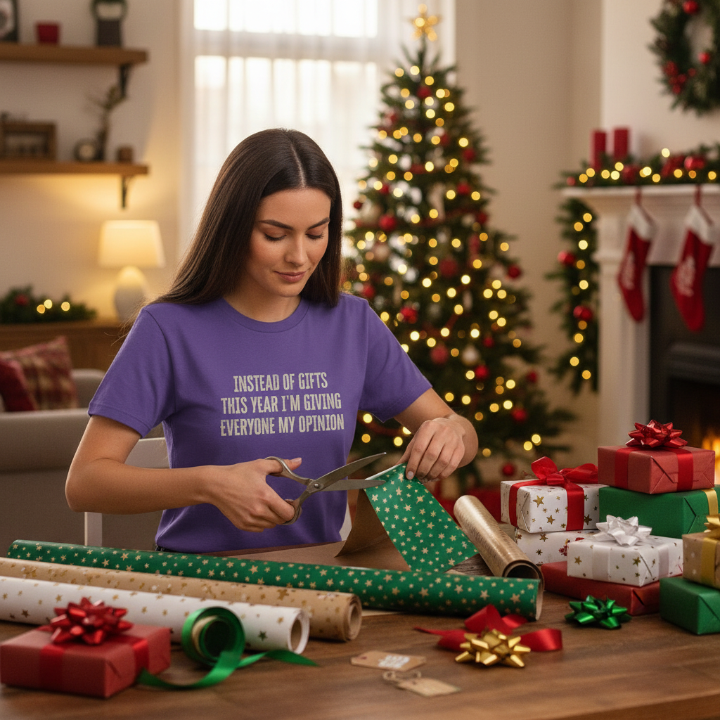 Woman wrapping gifts in a decorated living room with Christmas tree and fireplace.