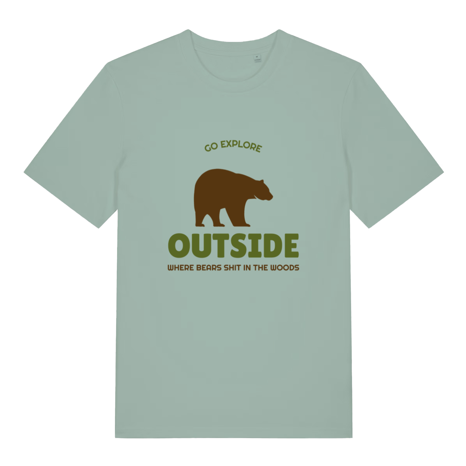 Aloe Go Explore T-shirt flat lay with bear silhouette "Go Explore Outside Where Bears Shit In The Woods" graphic