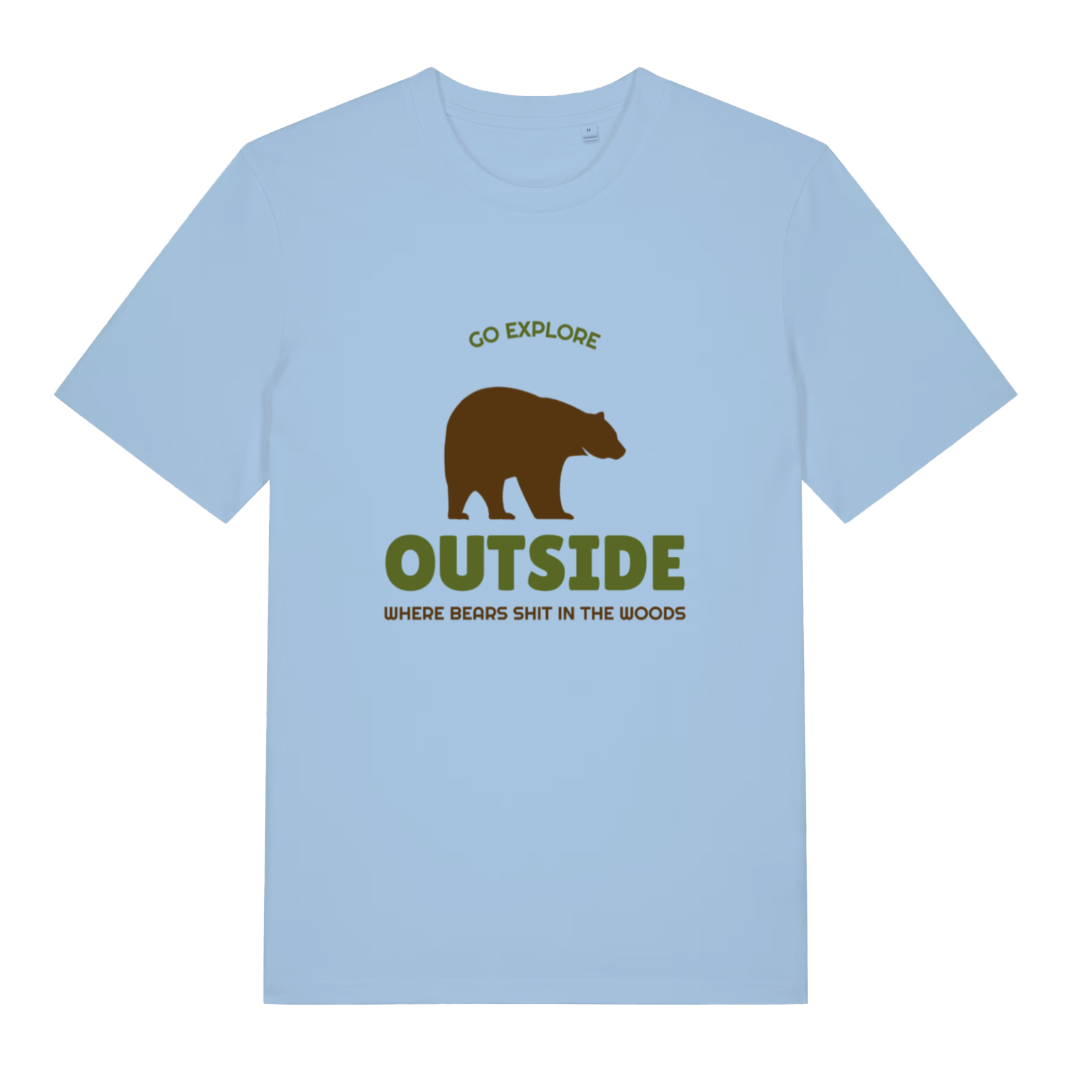 Light Blue Go Explore T-shirt flat lay featuring funny outdoor adventure slogan