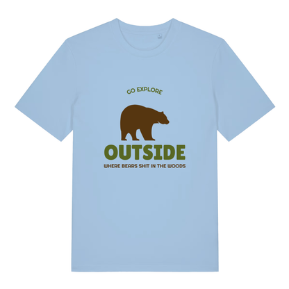 Light Blue Go Explore T-shirt flat lay featuring funny outdoor adventure slogan