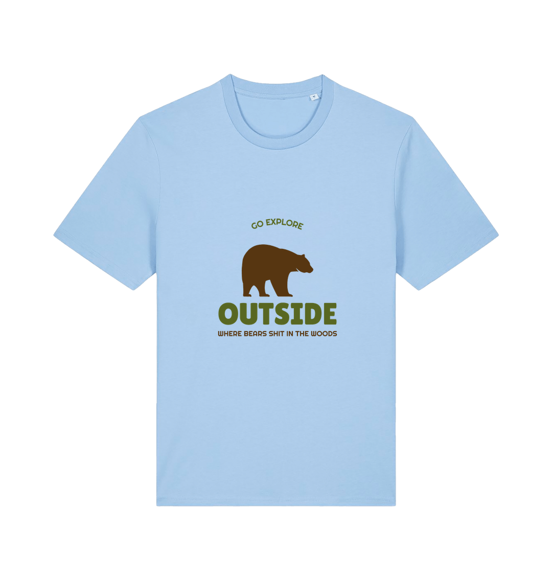 light blue funny t-shirt with the graphic of a bear on and the slogan 'go explore outside where bears shit in the woods'