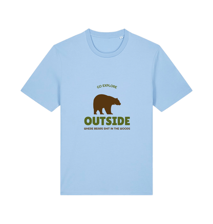 light blue funny t-shirt with the graphic of a bear on and the slogan 'go explore outside where bears shit in the woods'
