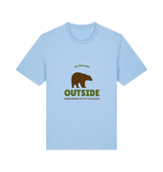light blue funny t-shirt with the graphic of a bear on and the slogan 'go explore outside where bears shit in the woods'
