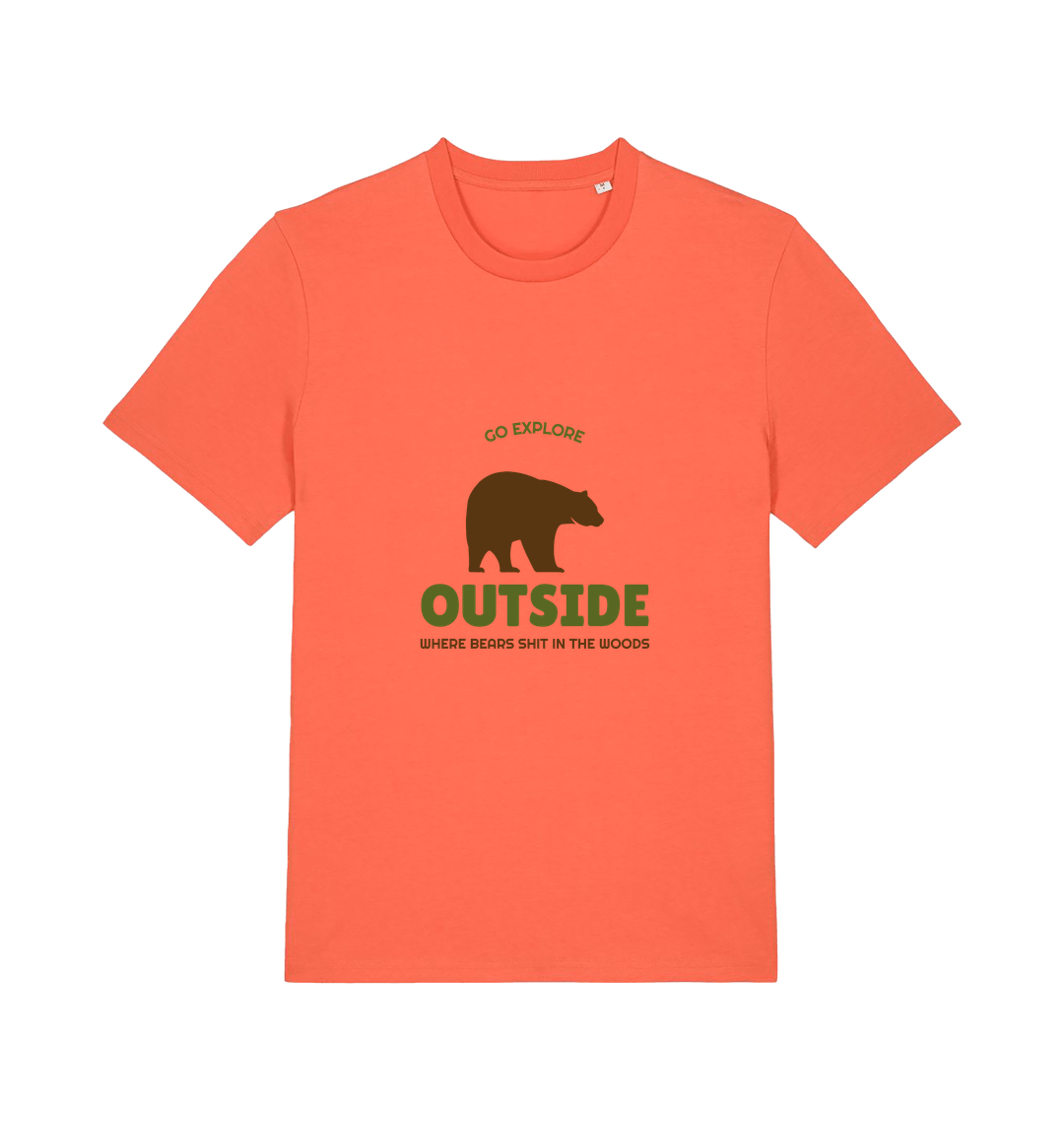 orange funny t-shirt with the graphic of a bear on and the slogan 'go explore outside where bears shit in the woods'