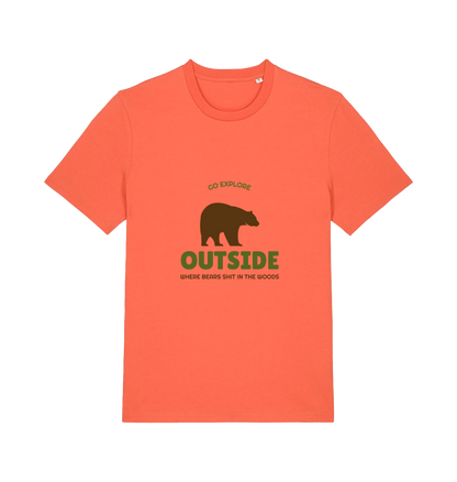 orange funny t-shirt with the graphic of a bear on and the slogan 'go explore outside where bears shit in the woods'