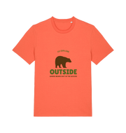 orange funny t-shirt with the graphic of a bear on and the slogan 'go explore outside where bears shit in the woods'