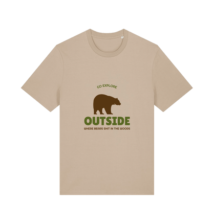 beige funny t-shirt with the graphic of a bear on and the slogan 'go explore outside where bears shit in the woods'